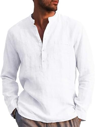 Runcati Herren Leinenhemd Langarm Baumwolle Leinen Shirt Männer Freizeithemd Regular Fit Strand Sommerhemd Weiß XXL