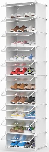HOMIDEC Schuhregal mit 10 Ebenen, Schuhschrank Schmal Schuhaufbewahrung für Flur Schlafzimmer Eingang, Weiß und Transparent