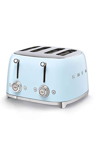 Smeg, Toast 4x4 TSF03PBEU, 4 Fächer für 4 Scheiben, 6 Stufen vergoldet, Heizfunktion, Abtau- und Bagel- Funktion, 2 Krümelbehälter, 2000W, Blau