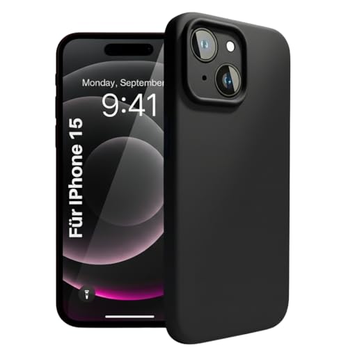 Etuano für iPhone 15 Hülle Silikon mit Kameraschutz – Dünne Schutzhülle & Handyhülle iPhone 15 Case Slim, Stoßfest & Kratzfest, Slim Cover, Schwarz