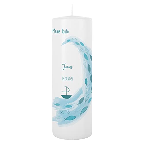 Striefchen® Taufkerze, 25 cm Höhe, verschiedene Motive, mit Ihren Wunschdaten personalisiert Welle, Schiff und Fische