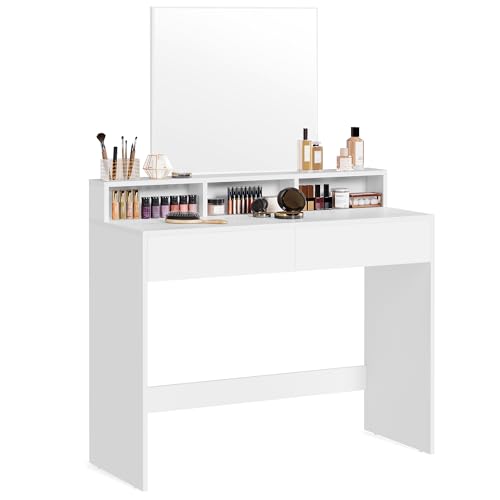 VASAGLE Dressing Table with Large Mirror,100x40x140cm,White RDT163W01
