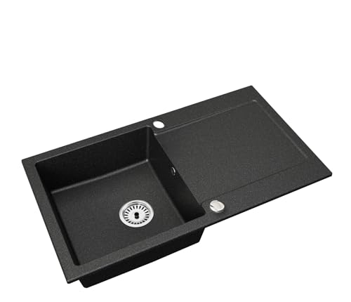 Faizee Home | Granitspüle 90x50 cm – Reversibles Spülbecken mit Abtropffläche inkl. Siphon & Drehexzenter | Kratzfest, hitzebeständig & für 45 cm Unterschränke (Schwarz Gesprenkelt)