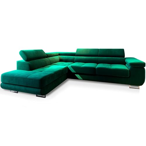 Masseno Ecksofa Selva L-S mit Schlaffunktion L-Form, Glamour Sofa mit Bettkasten, Wohnzimmersofa, Couch, Soffa, Bettsofa, Couchgarnitur - Grün, Monolith 37