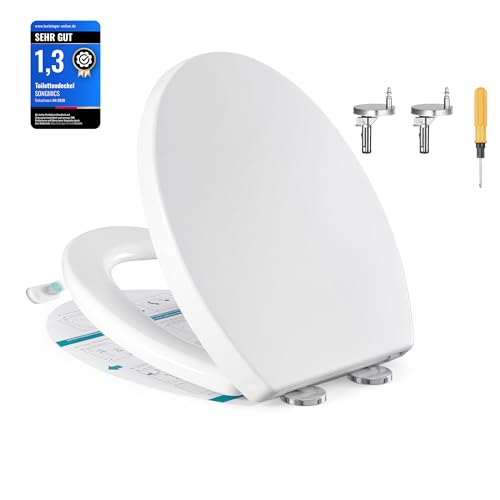 SONGMICS Toilettendeckel, O-Form, WC-Sitz mit Absenkautomatik, Griff, Toilettensitz abnehmbar, Klodeckel einfache Montage, WC-Deckel PP-Kunststoff, bis 300 kg belastbar, weiß BTL001WZ01