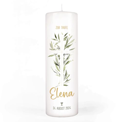 Striefchen® Personalisierte Stumpenkerze zur Taufe, Kommunion oder Konfirmation 25cm (H) x 8 cm (D) (Olivenblätter Kreuz)