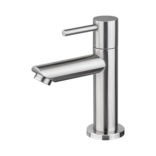 Ibergrif Einhebel Kaltwasserhahn Waschbecken, Waschtischarmatur aus SUS 304 Edelstahl für Gäste-WC, Garten & Camping, Einlochmontage, Gebürstet, inkl. G1/2 & G3/8 Adapter, M18103