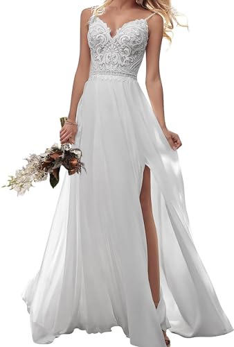 JAEDEN Damen Brautkleid Spaghettiträger Hochzeitskleid Boho Spitze Strand Braut Kleider A-Linie Standesamtkleid Weiß 38