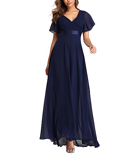 ECDAHICC Damen Abendkleider Gürtel V-Ausschnitt Hohe Taille A-Linie Chiffon Brautjungfernkleid Elegant Lang Ballkleid(ZQ,S)