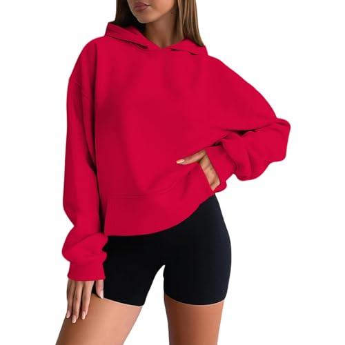 Hoodies für Damen, Sweatshirt, Damen-Sweatshirt, bauchfreie Kapuzenpullover, Fleece, langärmelig, Pullover, Tops, Herbst, Winter, Kleidung mit Taschen, rot, M
