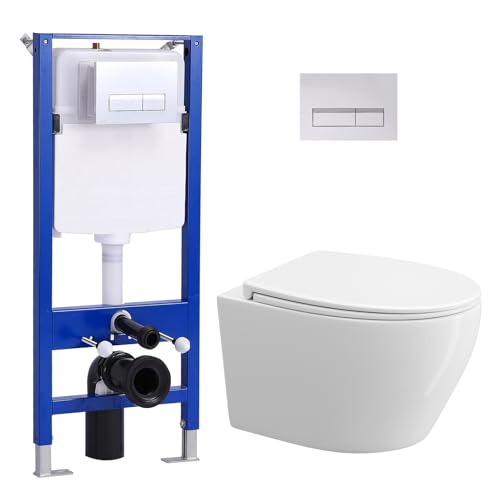 Hänge WC Toilette und Vorwandelement WC Set Komplett, Toiletten mit Unterputz Spülkasten, Glänzende Chromfarbe WC Betätigungsplatte, Wand WC mit Soft-Close Absenkautomatik, WC mit Nano Beschichtung