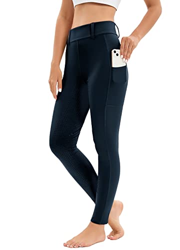 Havideto Reitleggings Damen Vollbesatz mit Handytasche, High Waist Reithose Damen Mädchen Stretch mit Gürtelschlaufen Marine Blau L