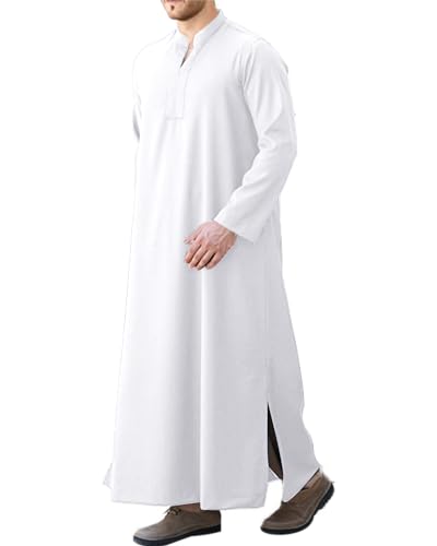 LVCBL Herren Muslim Kaftan Robe V-Ausschnitt Lange Ärmel Retro Tuniken Abaya Lose Kandoura Weiß 2XL