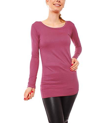 Easy Young Fashion - Damen Basic Langarmshirt - Rundhals Longshirt - Unterziehshirt Skinny Fit 1098A - Beere M/L
