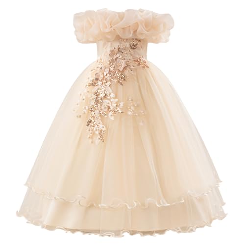 ABEHIK Kinder Mädchen Blumenmädchenkleider Besticktes Hochzeit Brautjungfernkleider Trägerloses Prinzessinnen Kleider Klavier Kostüme Champagne 10 Jahre