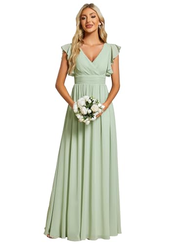 Ever-Pretty Abendkleid Lang Elegant für Hochzeit V-Ausschnitt A-Linie Ballkleider Damen Neckholder Brautjungferkleider Chiffon Minzgrün 36