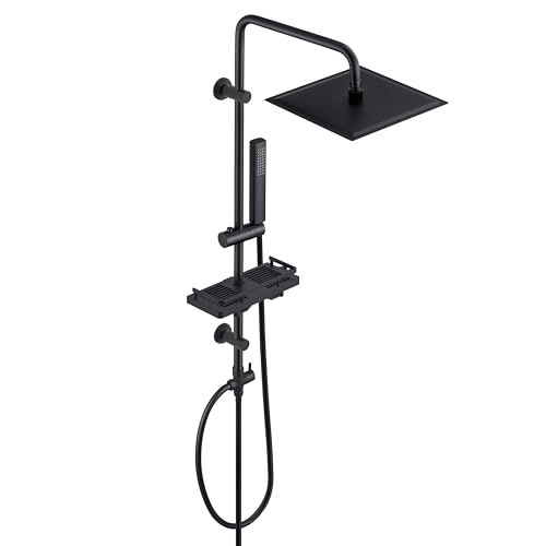 Görbach Regendusche Duschsystem mit Ablage, Edelstahl Duschset ohne Armatur mit Eckig Kopfbrause Rund Duschstange Schwarz (20x20cm)