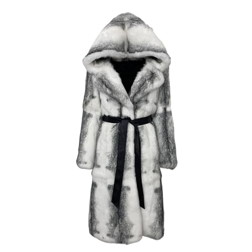 OFTBUY 2024 Echtes Kaninchenfell Naturpelz Mantel Frauen Winter Mode Warm mit Kapuze Frauen Pelz Jacke Designer Kalte Oberbekleidung (S,Ledergürtel)