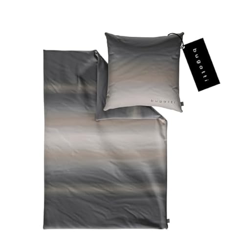 bugatti Bettwäsche 135 x 200 cm - 100% Baumwolle, Reißverschluss, anschmiegsam, weich & waschbar, Mako Satinbettwäsche gestreift grau beige
