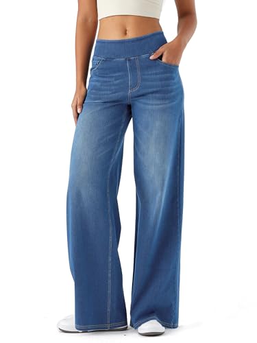 LaiEr Damen Denim Hose mit weitem Bein,hohe Taille,gerades Bein,lockere Passform,Unregelmäßiger handgeriebener Katzenschnurrhaarverlauf hohe Elastizität Casual Jeans(Medium BlueL)