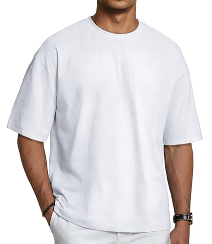 T Shirt Herren Sommer Tops Männer Oversized Tshirt Rundhals Basic Kurzarm Oberteil(Weiß,L)
