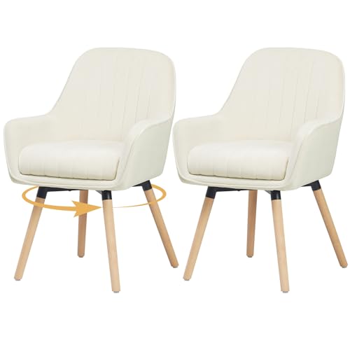 ELUCHANG Esszimmerstühle 2er Set, 360° Drehbar, 10cm Dicke Polsterung Stuhl mit Hohen Armlehnen, Cremeweiß Samt, bis 150 kg Belastbar, für Schlafzimmer Küche Wohnzimmer