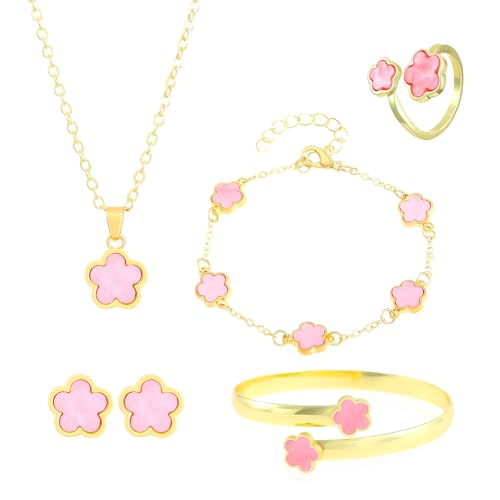 FDEETY Schmuckset Verstellbar Legierung Blumenschmuck mit Ohrringe Halskette Armband Ring Anhänger Party Schmuck Set für Frauen und Mädchen(Rosa farbe)
