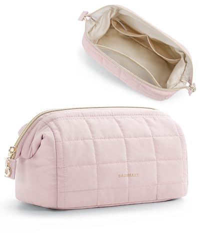BAGSMART Make-up Tasche Kosmetiktasche Reise-Kulturtasche Bauschig Gepolsterte Make-up Organizer-Etui,Weit Zu öffnende Tasche,Reiseutensilien,Toilettenartikel,Bürsten (Rosa)