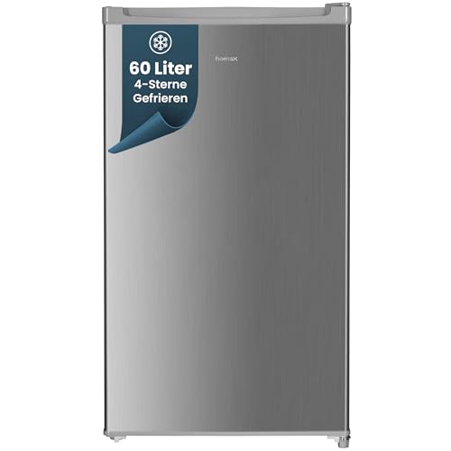 homeX Gefrierschrank, Tiefkühlschrank klein - 60L Nutzinhalt, 4-Sterne Gefrieren, Freezer kompakt, Gefrierschränke freistehend, Temperaturregelung, wechselbarer Türanschlag, leise, silber, FS1016-S