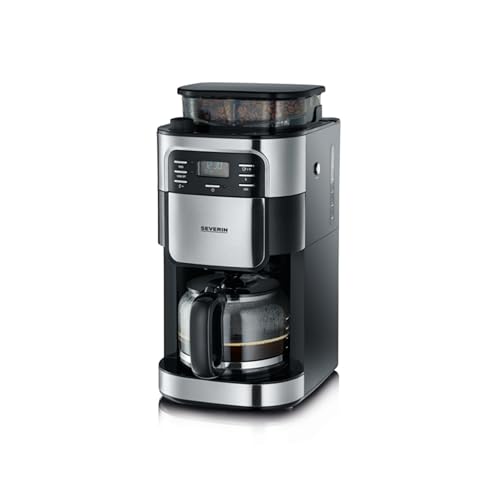SEVERIN Kaffeemaschine mit Mahlwerk, Kaffeeautomat mit Glaskanne und Timer-Funktion, auch als Filterkaffeemaschine, Glas-Kaffeekanne für 8 Tassen, 1000 Watt, Edelstahl-gebürstet / Schwarz, KA 4810