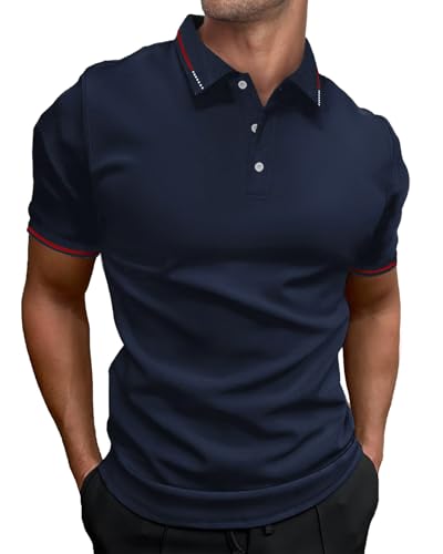 HMIYA Herren Poloshirt-Kontrast Kurzarm Polohemd Male Polo Klassisches,Navy,XL