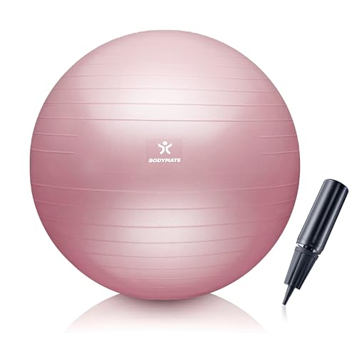 BODYMATE Gymnastikball Sitzball Trainingsball mit GRATIS E-Book inkl. Luft-Pumpe, Ball für Fitness, Yoga, Gymnastik, Core Training, für starken Rücken als Büro-Stuhl Rose 55cm