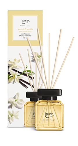 ipuro - Essentials Raumduft Soft Vanilla 100ml | Raumerfrischer mit Vanille, Sandelholz, Lakritz, Pfirsichblüte & Karamell Duft Aroma | Diffuser mit Stäbchen | Lufterfrischer für die Wohnung
