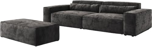 DELIFE Big-Sofa Sirpio XL Mikrofaser Schwarz 270x130 cm mit Hocker