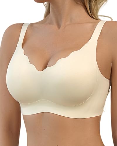 SHARICCA BH Damen Ohne Bügel - Nahtloser V Ausschnitt Gewellte Ränder Push Up BH Soft Atmungsaktiv Seamless Bustier Mit BH-Verlängerung(Milchig Weiß-1P01-XL)