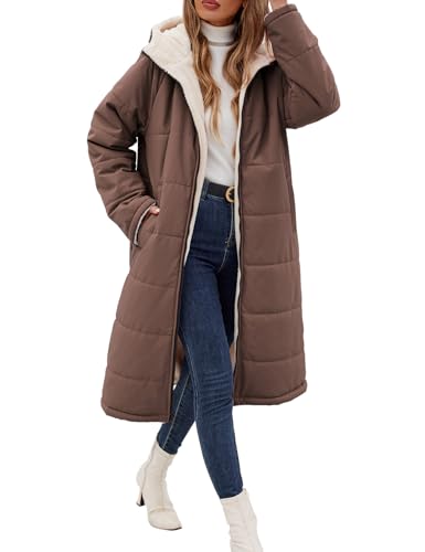 VXVGER Damen-Wintermantel, Fleece, lange Mäntel, Jacken, übergroß, warme Daunenjacke mit Kapuze, Kaffee, Medium