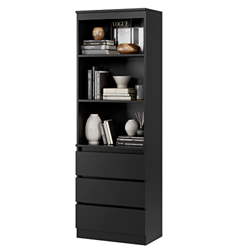 FirFurd Bücherregal mit 3 Schubladen 3 Fächern 180 cm Hochschrank Bücherschrank Vitrinenschrank Mehrzweckschrank für Wohnzimmer Büro Küche 60 x 35 x 180 cm Schwarz