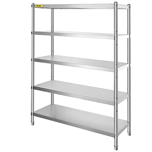 VEVOR Küchenregal 5 Ebenen, Standregal bis 750 kg (150 kg pro Boden), Edelstahlregal Gastronomie mit Verstellbaren Füßen & Regalböden, Schwerlastregal für Lager Garage Werkstatt, 1200 x 455 x 1830 mm
