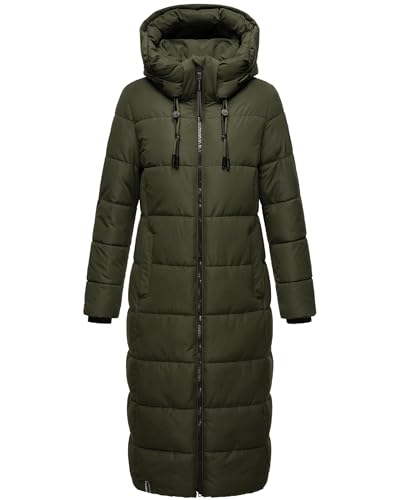 MARIKOO Damen Wintermantel warmer Steppmantel lang mit abnehmbarer Kapuze Nadeshikoo XVI Dark Olive Gr. M