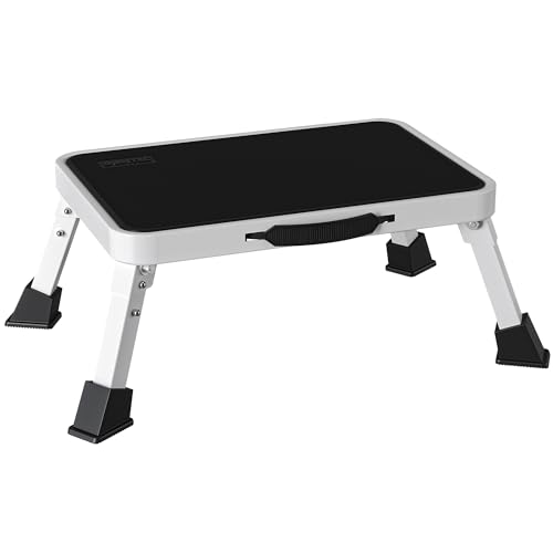 BONTEC Klapptritt, weißer Tritthocker klappbar bis 150 kg, rutschfeste Trittstufe mit Gummifüßen, klappbarer Hocker tragbar, Fußbank für Küche, Bad, Garten, Camping, kleine Leiter, Faltbarer Schemel