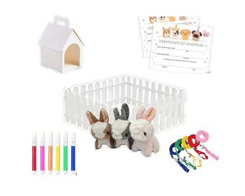 Generisch Tieradoptions-Partyset für 10 Kinder, mit Plüschtieren, Adoptionsurkunden, Tierhäusern zum Bemalen und Filzstiften 54 Teilig (Adoptions-Set Hase mit Zaun)