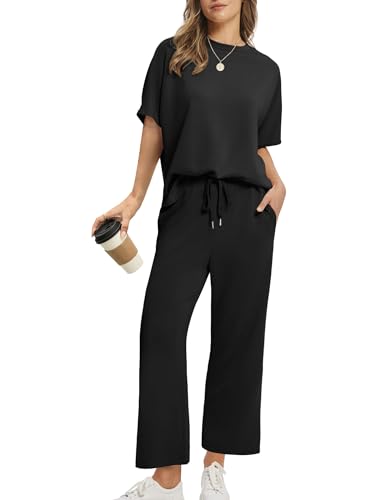 Desol Zweiteiler Damen Sommer Outfits, Trainingsanzug Sets Kurzarm Oberteil & Jogginghosen, Weites Bein Caprihosen für Freizeit & Hausgebrauch & Reisen