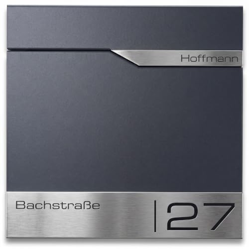 Metzler® Briefkasten Anthrazit mit Zeitungsfach, personalisiert mit Lasergravur, Wandbriefkasten mit austauschbarem Edelstahl-Namensschild, rostfreier moderner Postkasten,10 Jahre Ersatzteile, Siebert
