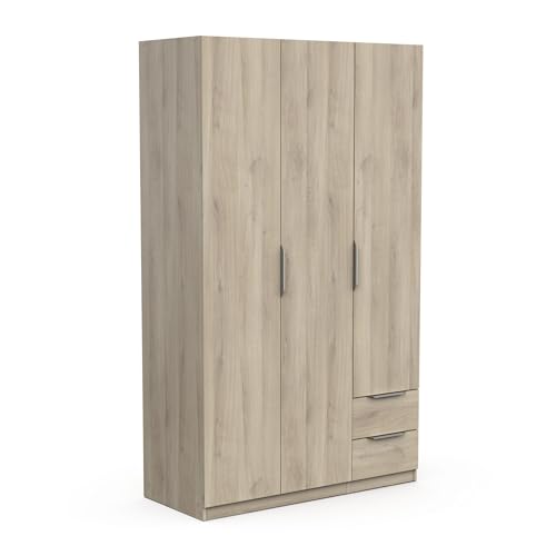 Demeyere Moderner Kleiderschrank, 3 Türen, 2 Schubladen, 4 Fächer, Eiche, Kronberg, 119,4 x 51,1 x 203 cm, Holzwerkstoff, Grau