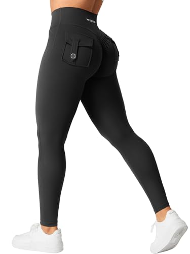 YEOREO CoreFlex Damen Sport Leggings mit Pockets V Taille Gym Leggings Butt Lifting Workout Yoga Fitness Leggings Schwarz M