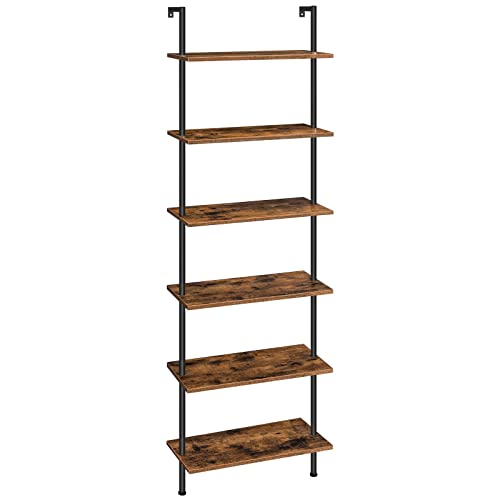 HOOBRO 6-stöckiges DIY Bücherregal, industrielles Leiterregal, Regal aus Spanplatten, vertikales Standregal, mit stabilisierendem Metallrahmen, für Heimbüro, Wohnzimmer, Dunkelbraun EBF65CJ01