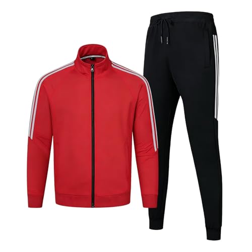 Clufar Trainingsanzug Herren mit Reißverschluss Jogginganzug Herren Atmungsaktiv Tracksuit Teenager Polyester Sportswear Fußball Männer Sportanzug Freizeitanzug Fitness Gym,L Red
