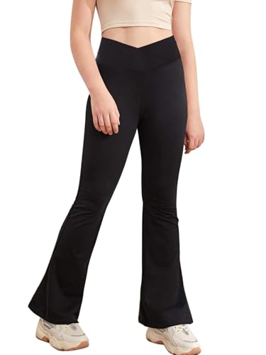 Haloumoning Mädchen Leggings Schlaghosen V Crossover Flared Yogahose Schlag Sporthose Kinder Ausgestellte Hosen für Yoga, Tanz, Laufen Schwarz 9-10 Jahre