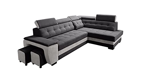Robin Inspire Grand Ecksofa mit Schlaffunktion Bettkasten Kopfstützen Relaxfunktion 2 Hocker Sofa L-Form Schlafsofa Freistehende Eckcouch Schlafcouch Wohnzimmermöbel Wohnlandschaft Rechts Silber