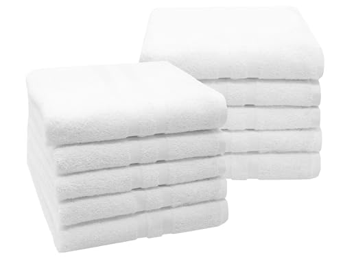 ZOLLNER 10er Set Handtücher in 50x100 cm - Flauschige Duschtücher aus Baumwolle - mit moderner Streifenbordüre - waschbar bis 95°C - mit praktischem Aufhänger - in weiß - Hotelqualität